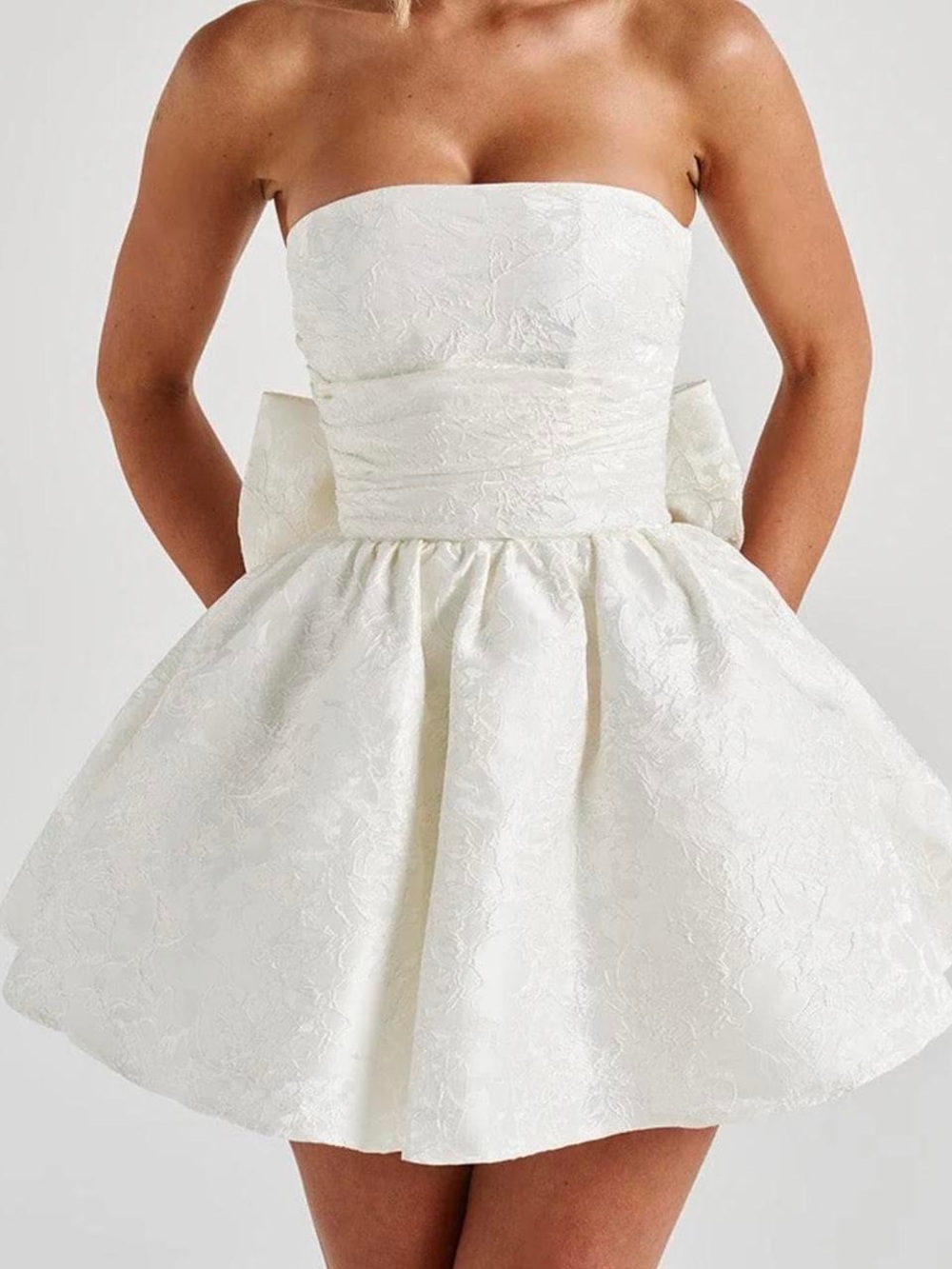 Strapless White Mini Dress with Bow Back